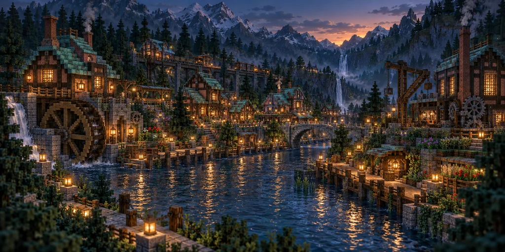 Createxis artwork: a welcoming Minecraft riverside village with workshops, bridges and glowing windows.