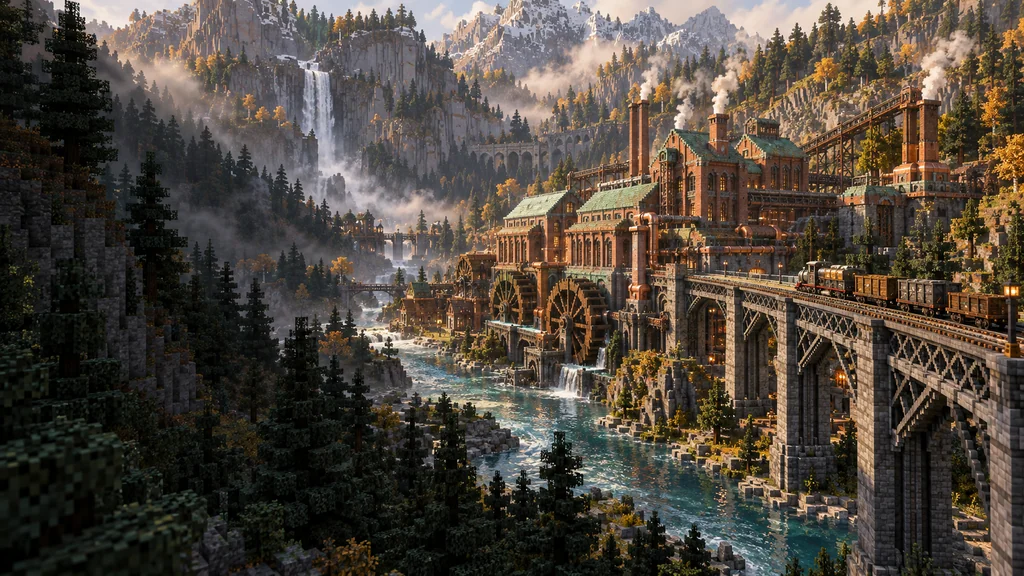Createxis artwork: a sprawling brick and copper factory beside a railway bridge in a forested Minecraft mountain valley.
