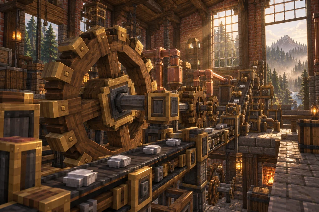 Createxis artwork: gears, copper pipes and conveyor belts inside a Minecraft workshop.