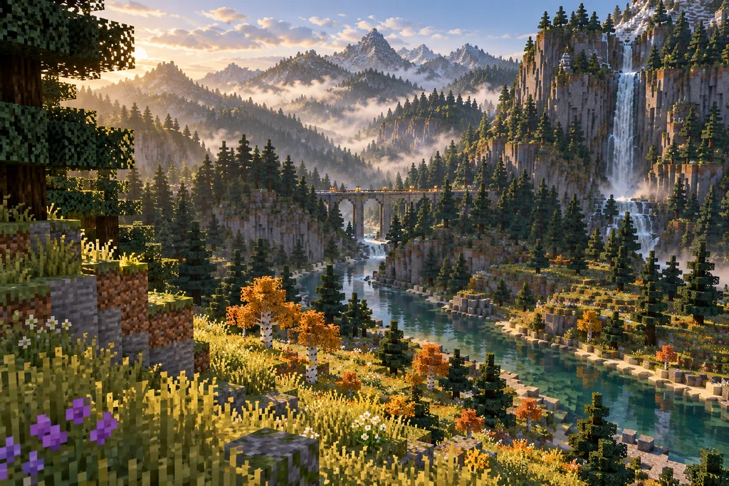 Createxis artwork: a winding river between forested, block-shaped mountains in warm evening light.